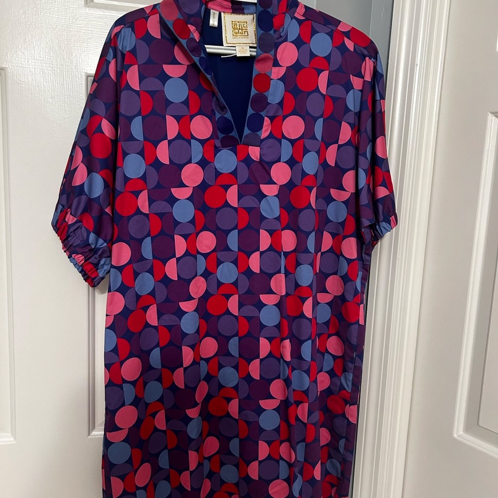 Emily McCarthy Purple Geo Circle-Print Polo with Pink & Red Accents